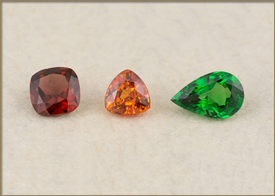 Red orange and green colored gems