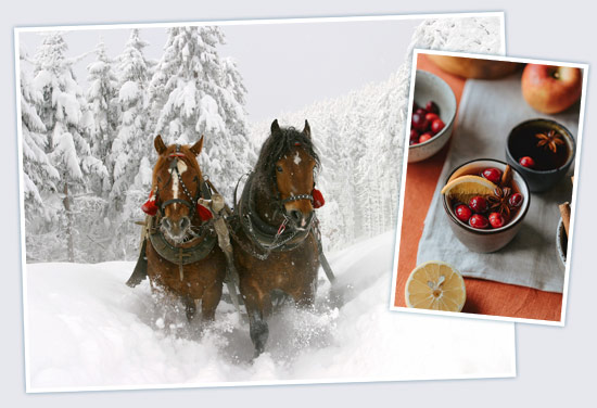 Horses drawing a sleigh and cups of mulled cider