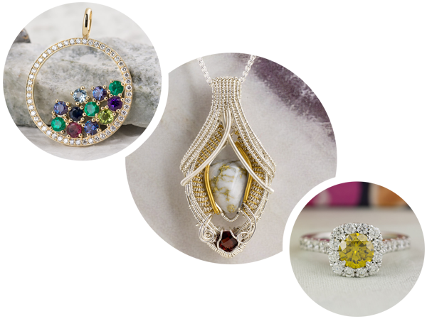 A group of three pieces of custom jewelry with two pendants and one ring