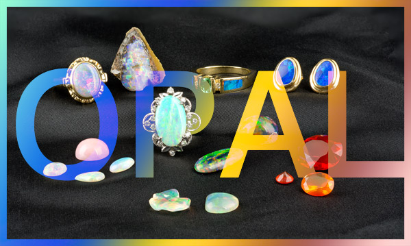A group of loose opals and opal jewelry with text opal