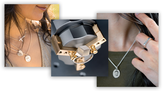 A collage of pictures showing engravable jewelry being worn