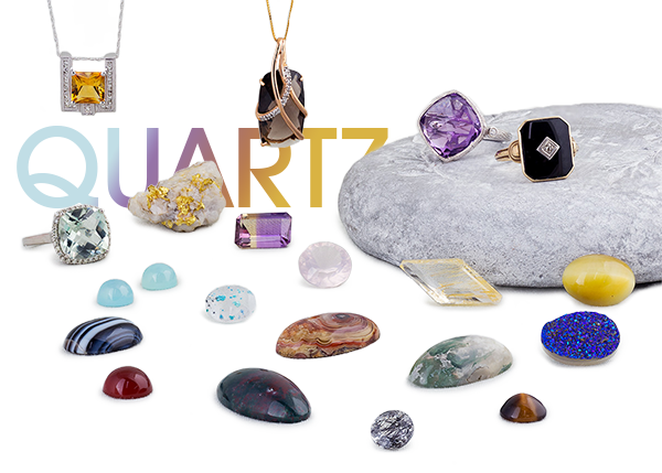 A group of loose quartz gems with text that reads Quartz