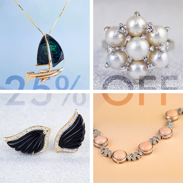 A collage of four new pieces on sale on our etsy include a onyx wing earrings a coral necklace a pearl cluster ring and sailboat pendant
