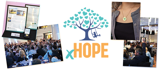 A collage of photos from the auction around the xHope logo