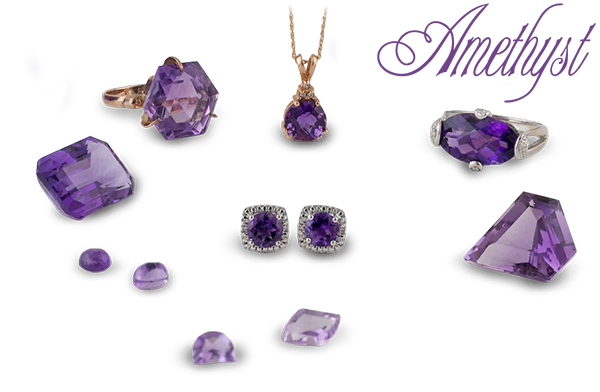 A group of loose and set amethyst gemstones