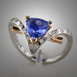 Custom Design Trillion Sapphire Ring with flush set diamonds