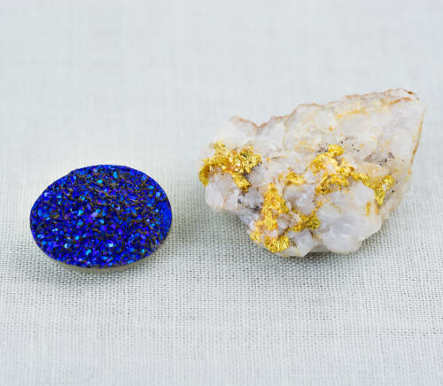 A drusy quartz next to a gold matrix quartz