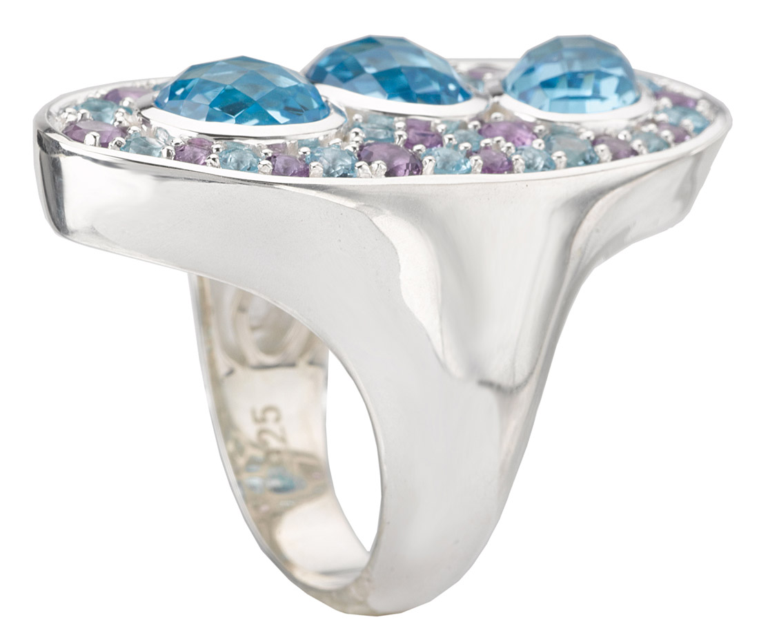 Blue Topaz and Amethyst Abstract Ring Side View