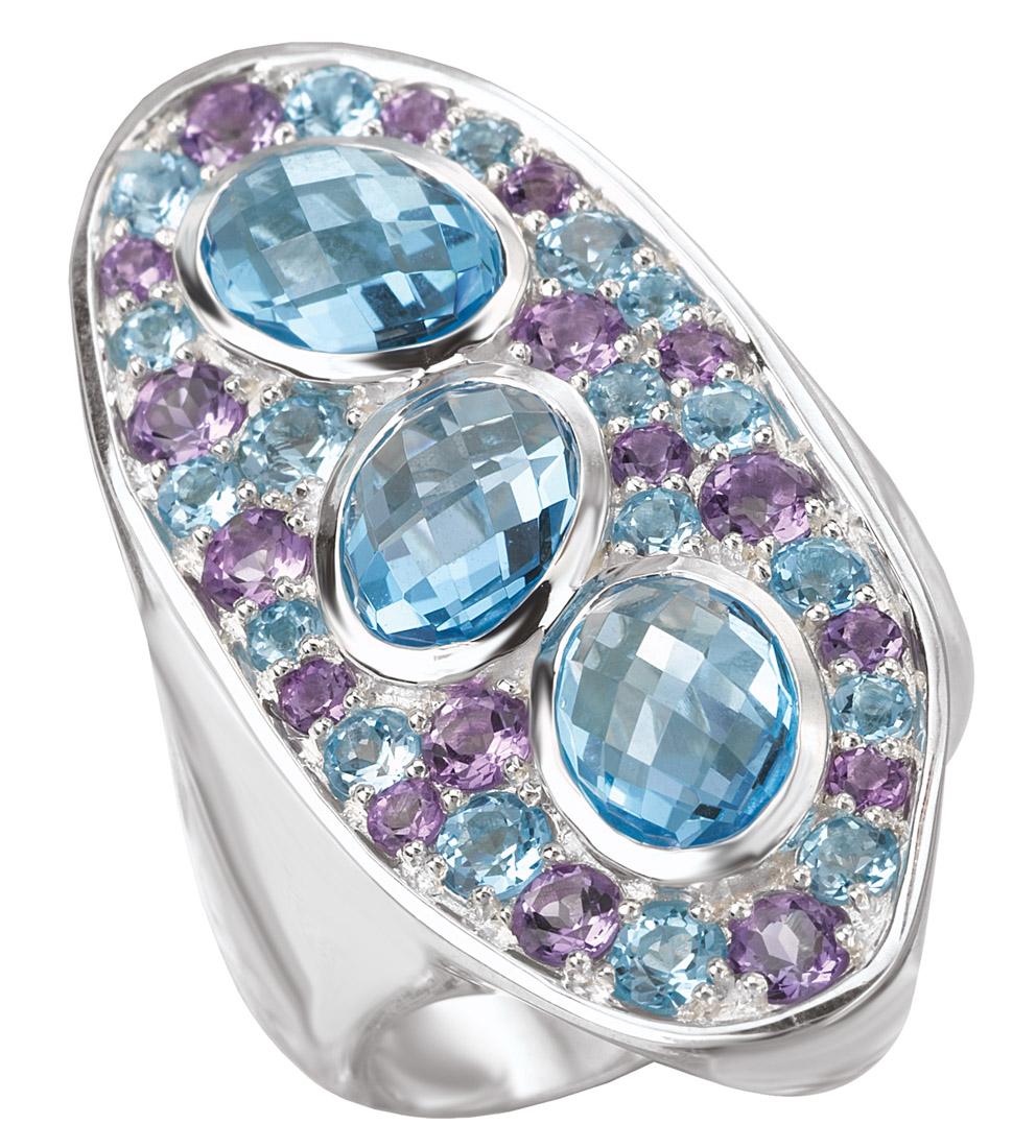 Blue Topaz and Amethyst Abstract Silver Ring