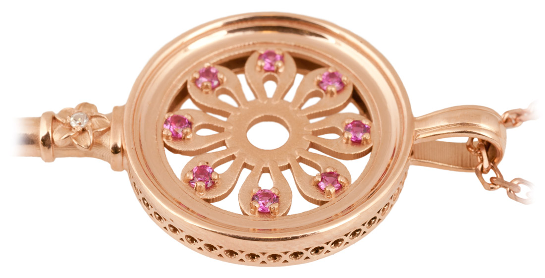 Rose Gold Pink Sapphire and Diamond Skeleton Key Pendant Close