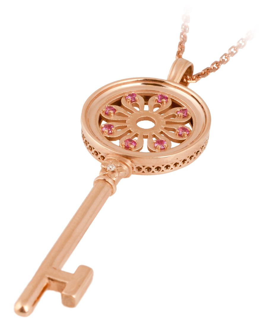 Rose Gold Pink Sapphire and Diamond Skeleton Key Pendant