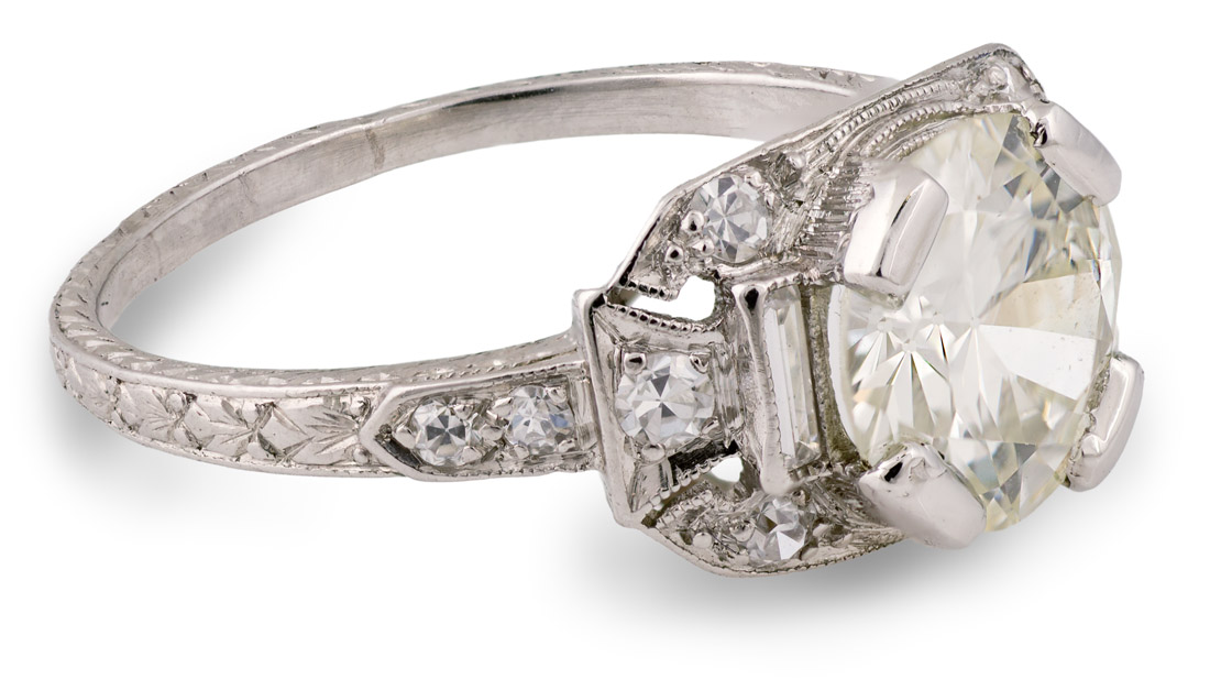 Vintage Platinum hand engraved engagement ring side