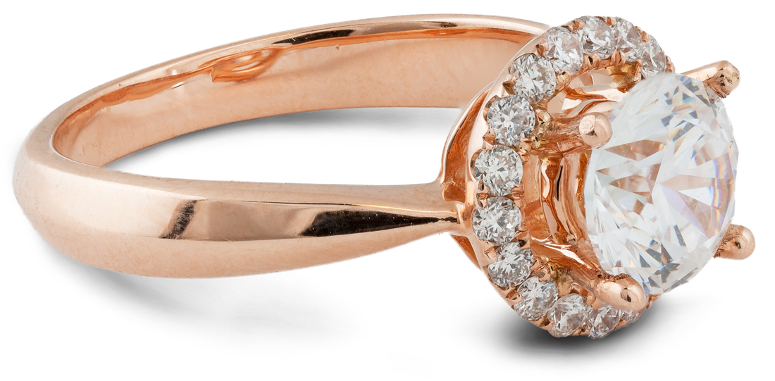 Rose gold round halo engagement ring tapered shank - side