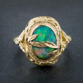 Opal and Textured Leaf Custom Ring : Arden Jewelers