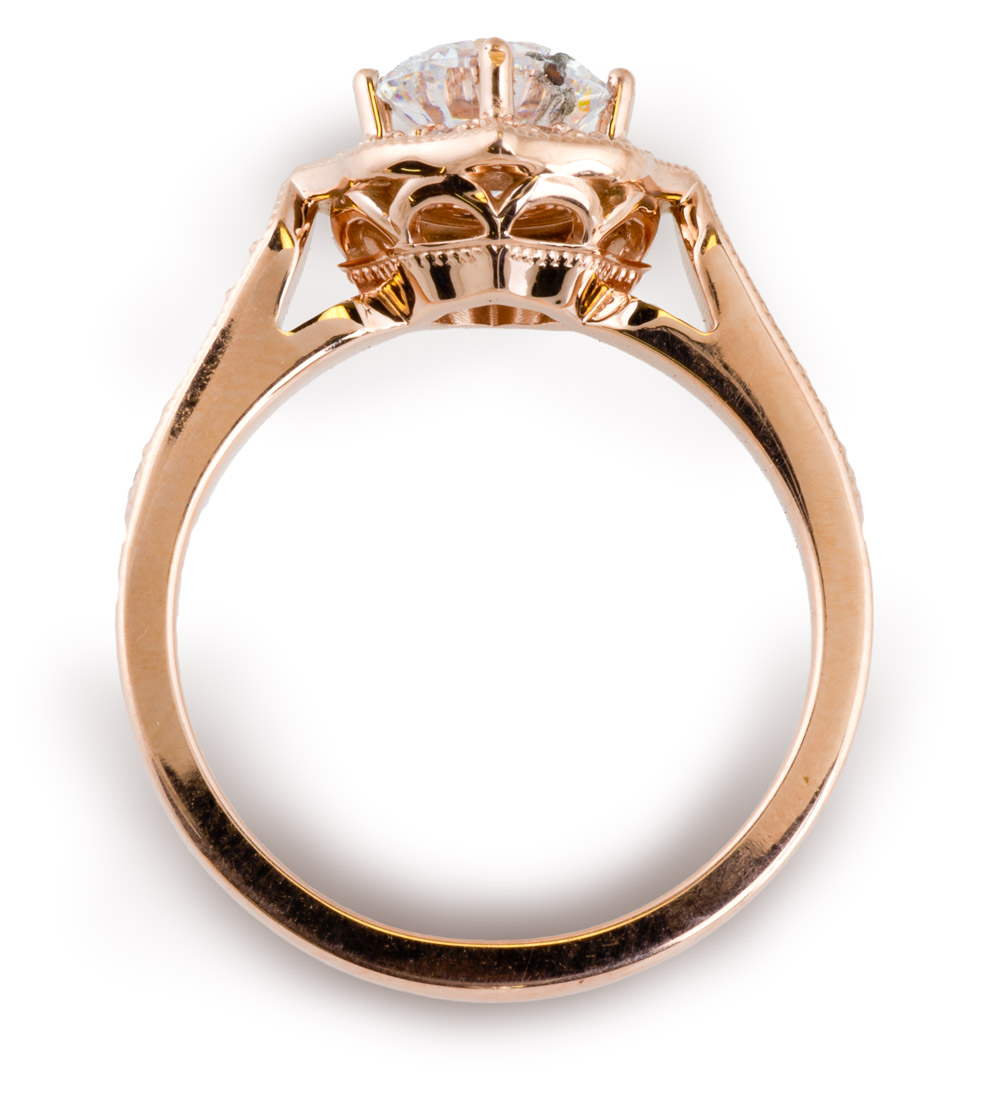 Rose gold vintage halo engagement ring top