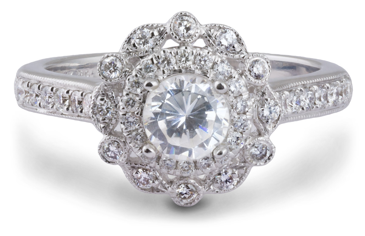 Double Halo Milgrain Engagement Ring with Diamonds