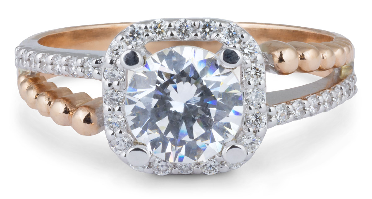 Two Tone Cushion Halo Engagement Ring with Split Shank
