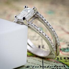 Split shank emerald cut diamond engagement ring