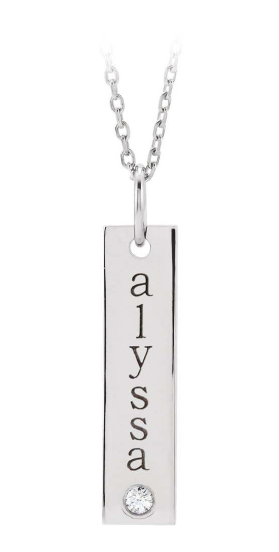 Personalized engravable diamond accented bar pendant - white