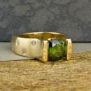 Green diamond engagement ring in yellow gold with diamond accents - front