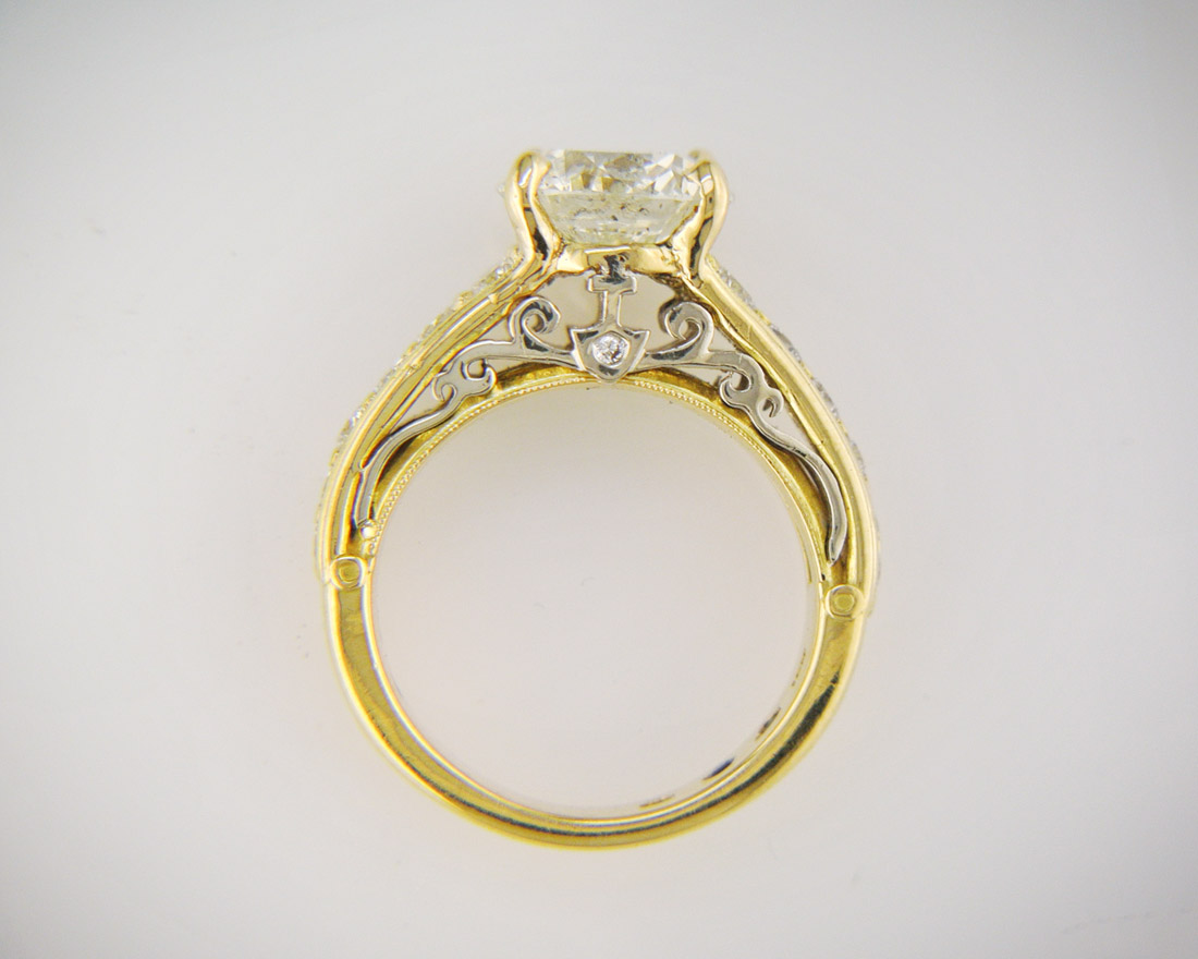 Custom filigree two tone diamond engagement ring