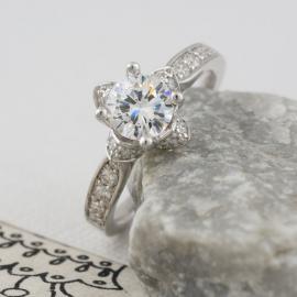 Floral Halo Engagement Ring with Diamonds - 3