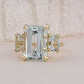 Emerald Cut Aquamarine Three Stone Ring