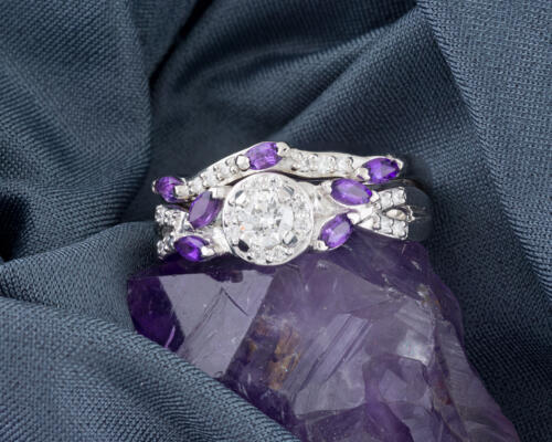 Diamond Wedding Set with Amethyst Accents