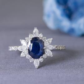 Sapphire Engagement Ring with Starburst Diamond Halo