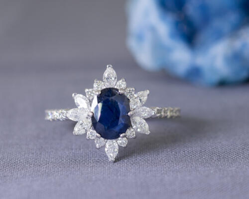 Sapphire Engagement Ring with Starburst Diamond Halo