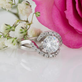 Custom diamond halo engagement ring front view