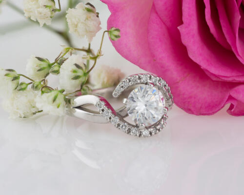 Custom diamond halo engagement ring front view