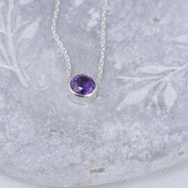 Round Amethyst in Sterling Silver Bezel Necklace front view fancy