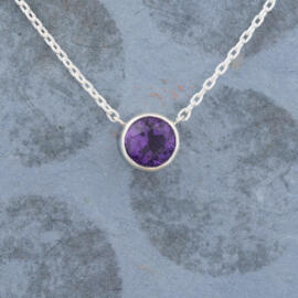 Round Amethyst in Sterling Silver Bezel Necklace hanging view fancy