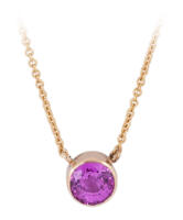 Pink Sapphire in Modern Rose Gold Bezel Necklace front view