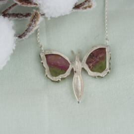California Tourmaline : Green and Pink Butterfly Necklace with Diamonds back view fancy
