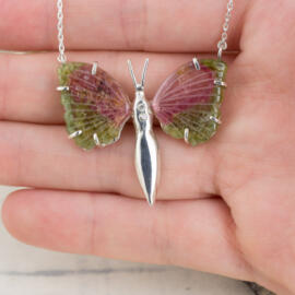 California Tourmaline : Green and Pink Butterfly Necklace with Diamonds hand