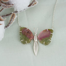 California Tourmaline : Green and Pink Butterfly Necklace with Diamonds front view fancy