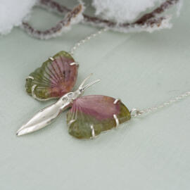 California Tourmaline : Green and Pink Butterfly Necklace with Diamonds side view left fancy