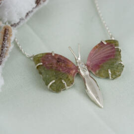 California Tourmaline : Green and Pink Butterfly Necklace with Diamonds side view right fancy