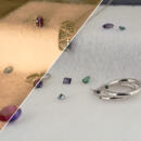 A group of alexandrite jewelyr and loose gems shown in different light to demonstrate color change