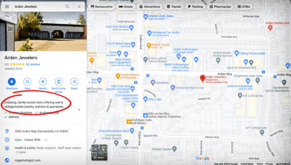 Screenshot of Google Maps listing for Arden Jewelers showing description
