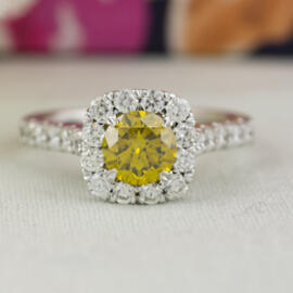 yellow center diamond cushion halo ring front angle