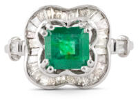 emerald and baguette diamond halo ring front view