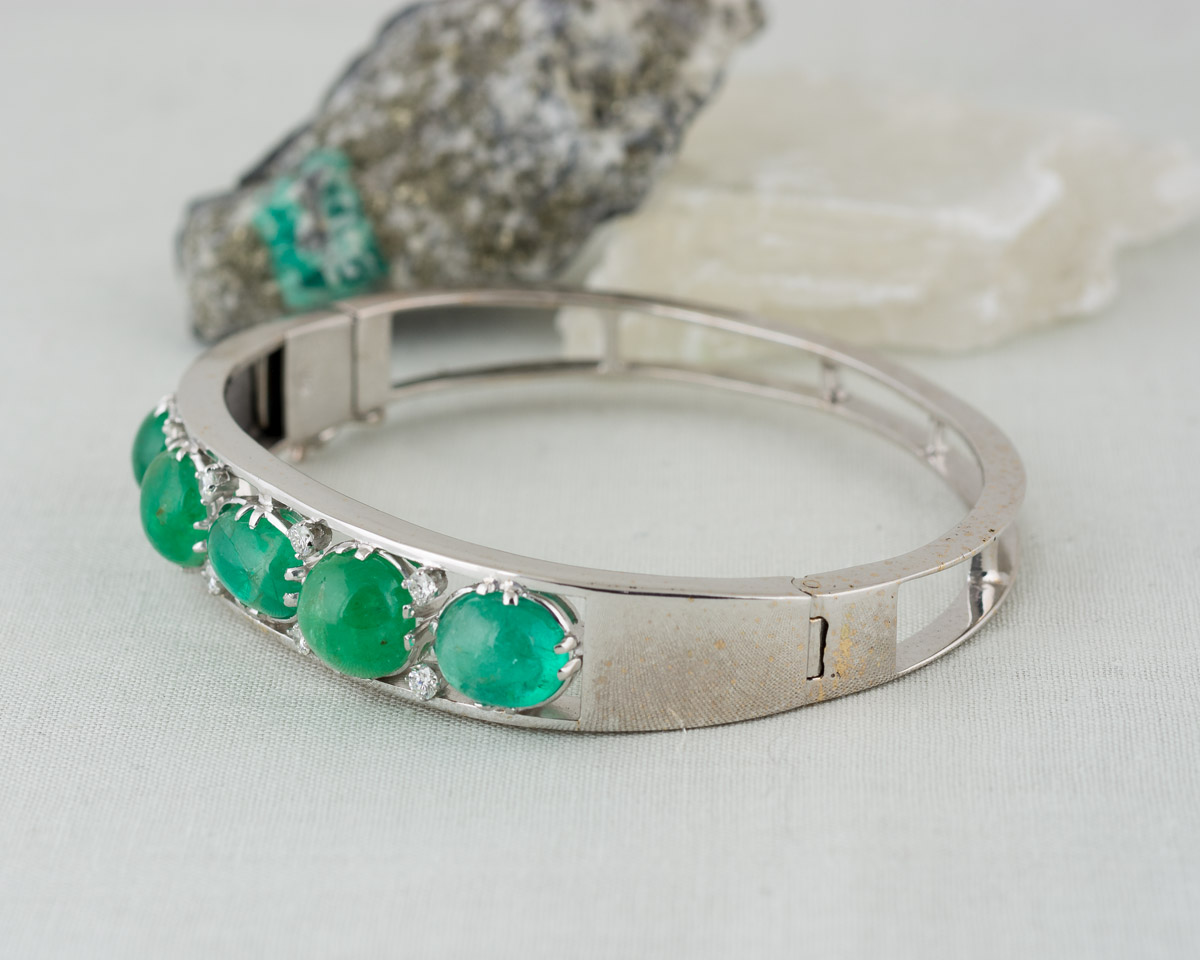 Victorian Cabochon Emerald And Diamond Bangle Bracelet