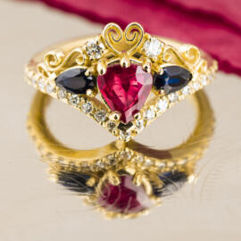 ruby, sapphire, diamond crown ring front view