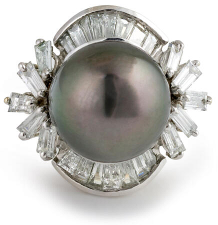 Black Tahitian Pearl and Baguette Diamond Cocktail Ring