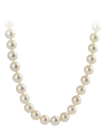 White AAA Pearl Strand Necklace Knotted with 14k Yellow Clasp