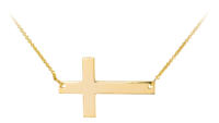 Engravable sideways cross pendant in 14k yellow gold - front view