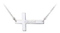 Engravable sideways cross in sterling silver - front view with example name Elizabeth engraved